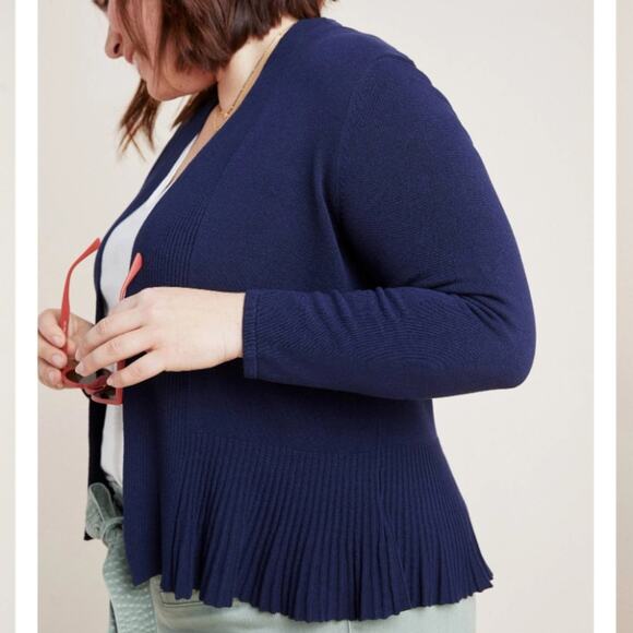 Anthropologie Navy Blue Ribbed Knit Banlieue Peplum Open Cardigan Sweater - Picture 3 of 11